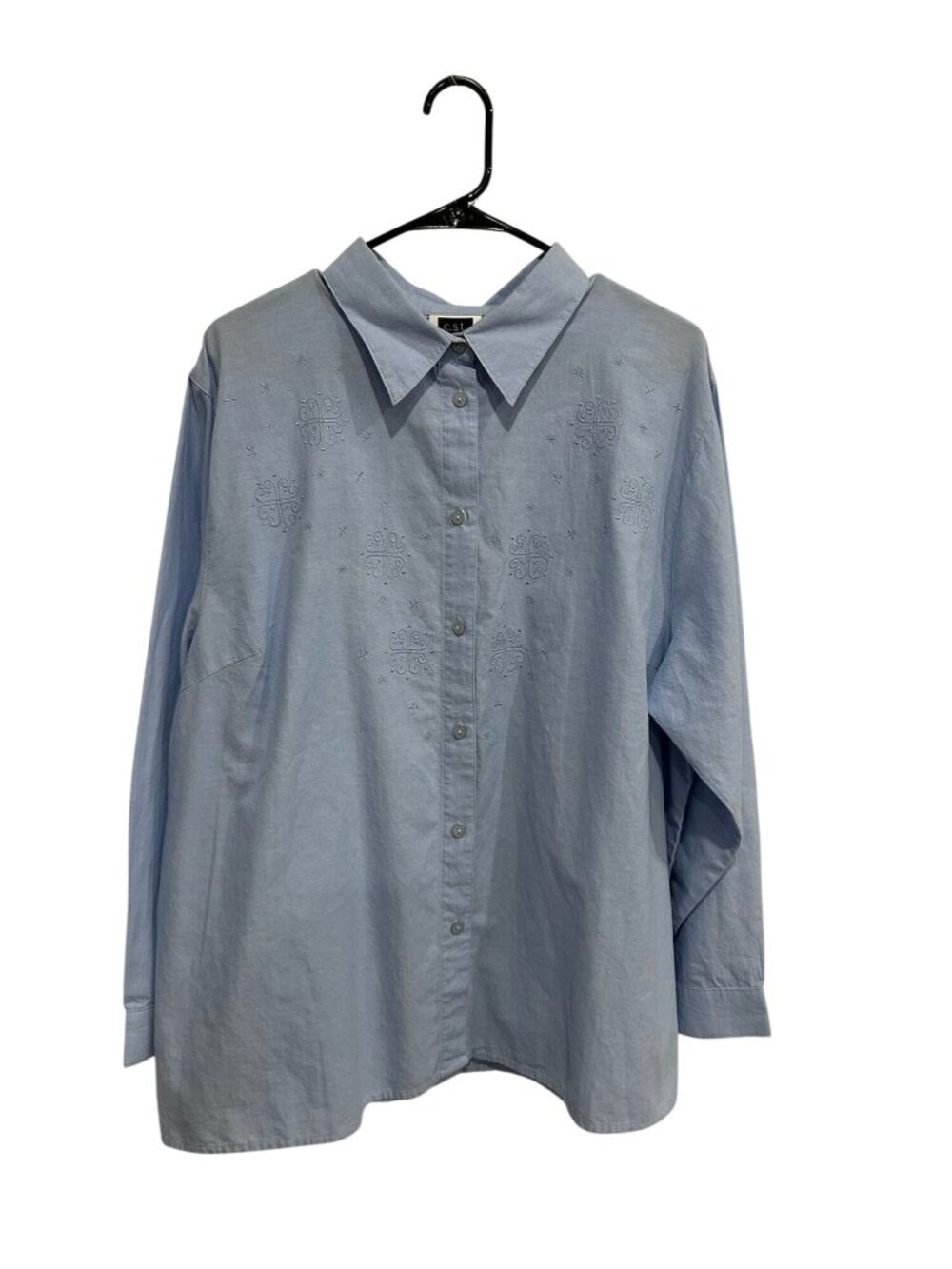 C.S.T. Sport 22W Blue Embroidered Cotton Button Up Shirt Cottagecore Boho Chic